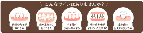 こんなサインはありませんか? 前歯の向きが気になる/歯が重なって生えてきた/すき間が少ない気がする/噛み合わせがずれている気がする/永久歯の生え方が気になる